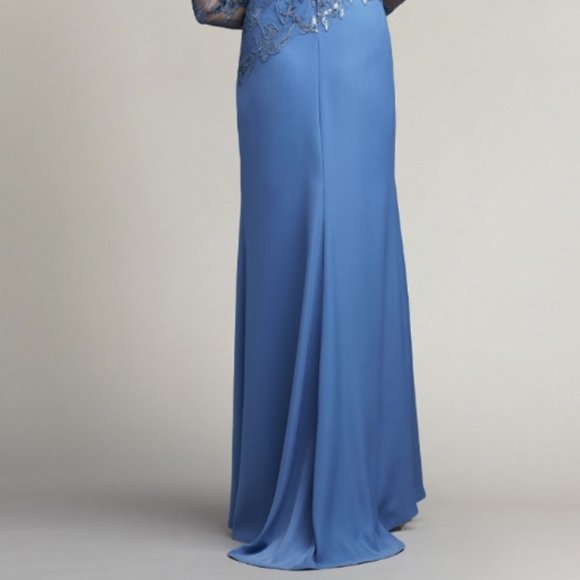 TADASHI SHOJI LONG SLEEVE SEQUINED LACE CREPE CADET BLUE GOWN sz 8 - Picture 7 of 8